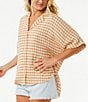 Color:Light Brown - Image 3 - Premium Surf Checked Button-Front Short Sleeve Relaxed Shirt