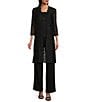 Color:Black - Image 1 - Sequin Glitter Scalloped Lace Scoop Neck 3/4 Sleeve 3-Piece Duster Pant Set