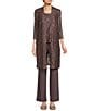 Color:Fig - Image 1 - 3-Piece Sequin Glitter Scallop Lace Scoop Neck 3/4 Sleeve Duster Pant Set