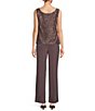 Color:Fig - Image 4 - 3-Piece Sequin Glitter Scallop Lace Scoop Neck 3/4 Sleeve Duster Pant Set