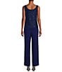 Color:Royal - Image 4 - Sequin Glitter Scalloped Lace Scoop Neck 3/4 Sleeve 3-Piece Duster Pant Set