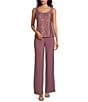 Color:Dark Rose - Image 3 - Sequin Glitter Scalloped Lace Scoop Neck 3/4 Sleeve 3-Piece Duster Pant Set