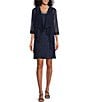 Color:Navy - Image 1 - Beaded Scoop Neck 3/4 Sleeve Glitter Lace 2-Piece Jacket Dress