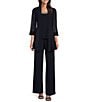 Color:Navy - Image 1 - Stretch 3/4 Sleeve Beaded Scoop Neck 2-Piece Pant Set