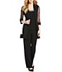 Color:Black - Image 1 - Petite Size Beaded Detail Top & Sheer Knit Jacket 2-Piece Pull-On Pant Set