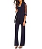 Color:Navy - Image 1 - Petite Size Beaded Detail Top & Sheer Knit Jacket 2-Piece Pull-On Pant Set