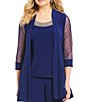 Color:Navy - Image 3 - Petite Size Beaded Detail Top & Sheer Knit Jacket 2-Piece Pull-On Pant Set