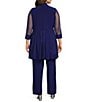 Color:Royal - Image 2 - Plus Size Scoop Neck 3/4 Sleeve Beaded Detail Top & Sheer Knit Jacket 2-Piece Pull-On Pant Set