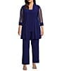 R & M Richards Plus Size Scoop Neck 3/4 Sleeve Beaded Detail Top & Sheer Knit Jacket 2-Piece Pull-On Pant Set - Image 1