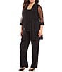 Color:Black - Image 1 - Plus Size Scoop Neck 3/4 Sleeve Beaded Detail Top & Sheer Knit Jacket 2-Piece Pull-On Pant Set