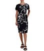 Color:Black/White - Image 1 - Floral Print Elbow Short Sleeve Round Neck Gathered Side Tie Knit Sheath Dress