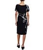 Color:Black/White - Image 2 - Floral Print Elbow Short Sleeve Round Neck Gathered Side Tie Knit Sheath Dress