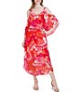 Color:Pink - Image 1 - Floral Print Short Cold Shoulder Sleeve V-Neck Chiffon Midi Dress