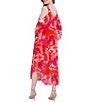 Color:Pink - Image 2 - Floral Print Short Cold Shoulder Sleeve V-Neck Chiffon Midi Dress
