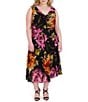 Color:Black/Multi - Image 1 - Plus Size Floral Print Drape Neck Sleeveless Chiffon Waistless Midi Dress