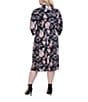 Color:Black/Pink - Image 2 - Plus Size Floral Print 3/4 Sleeve V-Neck Midi Dress