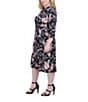 Color:Black/Pink - Image 3 - Plus Size Floral Print 3/4 Sleeve V-Neck Midi Dress