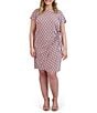 Color:Gray/Coral - Image 1 - Plus Size Geo Print Knit Short Sleeve Round Neck Side Tie Sheath Dress