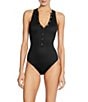 ROBIN PICCONE Amy Solid High V-Neck Open Back One Piece Swimsuit, Color:Licorice - Image 1