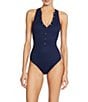 ROBIN PICCONE Amy Solid High V-Neck Open Back One Piece Swimsuit, Color:Navy - Image 1