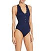 ROBIN PICCONE Amy Solid High V-Neck Open Back One Piece Swimsuit, Color:Navy - Image 3