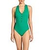 ROBIN PICCONE Amy Solid High V-Neck Open Back One Piece Swimsuit - Image 1