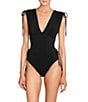 ROBIN PICCONE Aubrey Solid Flattering Plunge V-Neck Tummy Control One Piece Swimsuit, Color:Black - Image 1