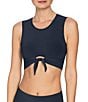 ROBIN PICCONE Ava Solid Keyhole Crew Neck Crop Swim Top, Color:Navy - Image 1