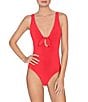 ROBIN PICCONE Ava Solid Matte Jersey V-Neck Keyhole Underwire Plunge One Piece Swimsuit, Color:Fiery Red - Image 1