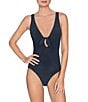 ROBIN PICCONE Ava Solid Matte Jersey V-Neck Keyhole Underwire Plunge One Piece Swimsuit, Color:Navy - Image 1