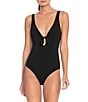 ROBIN PICCONE Ava Solid Matte Jersey V-Neck Keyhole Underwire Plunge One Piece Swimsuit, Color:Black - Image 1