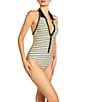 ROBIN PICCONE Parker Stripe Point Collar V-Neck Plunge One Piece Swimsuit, Color:Ecru/Black - Image 3