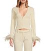 Color:Pearl - Image 1 - Aiden Rib Knit Plunge V-Neck Long Sleeve Feather Trim Cuffs Button-Front Cardigan