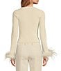 Color:Pearl - Image 2 - Aiden Rib Knit Plunge V-Neck Long Sleeve Feather Trim Cuffs Button-Front Cardigan