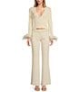 Color:Pearl - Image 3 - Aiden Rib Knit Plunge V-Neck Long Sleeve Feather Trim Cuffs Button-Front Cardigan