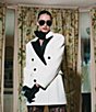Color:Pearl/Jet Black - Image 4 - Atticus Contrast Trim Peak Lapel Wing Collar Long Sleeve Double Breasted Jacket Dress