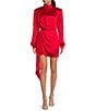 Color:Crimson - Image 1 - Rocky Stretch Charmeuse Rosette Mock Neck Long Sleeve Asymmetrical Hem Drape Mini Dress