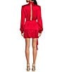 Color:Crimson - Image 2 - Rocky Stretch Charmeuse Rosette Mock Neck Long Sleeve Asymmetrical Hem Drape Mini Dress