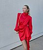Color:Crimson - Image 4 - Rocky Stretch Charmeuse Rosette Mock Neck Long Sleeve Asymmetrical Hem Drape Mini Dress