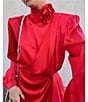 Color:Crimson - Image 5 - Rocky Stretch Charmeuse Rosette Mock Neck Long Sleeve Asymmetrical Hem Drape Mini Dress