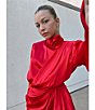 Color:Crimson - Image 6 - Rocky Stretch Charmeuse Rosette Mock Neck Long Sleeve Asymmetrical Hem Drape Mini Dress