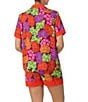 Color:Purple Ground Floral - Image 2 - Floral Print Short Sleeve Notch Collar Chest Pocket Shorty Pajama Set