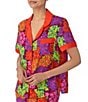Color:Purple Ground Floral - Image 4 - Floral Print Short Sleeve Notch Collar Chest Pocket Shorty Pajama Set
