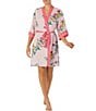 Color:Pink/Geo - Image 1 - Satin 3/4 Sleeve Geometric Floral Coordinating Short Wrap Robe