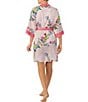 Color:Pink/Geo - Image 2 - Satin 3/4 Sleeve Geometric Floral Coordinating Short Wrap Robe