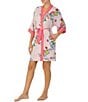 Color:Pink/Geo - Image 3 - Satin 3/4 Sleeve Geometric Floral Coordinating Short Wrap Robe