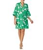 Color:Green Novelty - Image 1 - Satin 3/4 Sleeve Swan Print Coordinating Short Wrap Robe