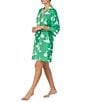 Color:Green Novelty - Image 3 - Satin 3/4 Sleeve Swan Print Coordinating Short Wrap Robe