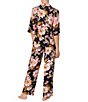 Color:Black Ground Floral - Image 2 - Satin Floral Print 3/4 Sleeve Notch Collar Pajama Set