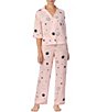 Color:Pink/Print - Image 1 - Satin Sun & Moon Print 3/4 Sleeve Notch Collar Pajama Set